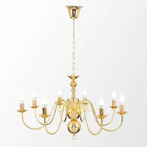 Retro Vintage 8-Light Polished Brass Chandelier Hanging Candle Lamp Ceiling Fixture Gold Chain NS-120222