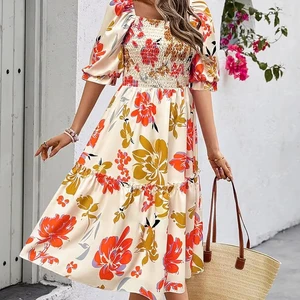 2025 Women's Summer A-Line Midi Dress Square Neck Floor-Length Puff Sleeves Empire Flowy Boho Floral Smocked Casual Made Chiffon