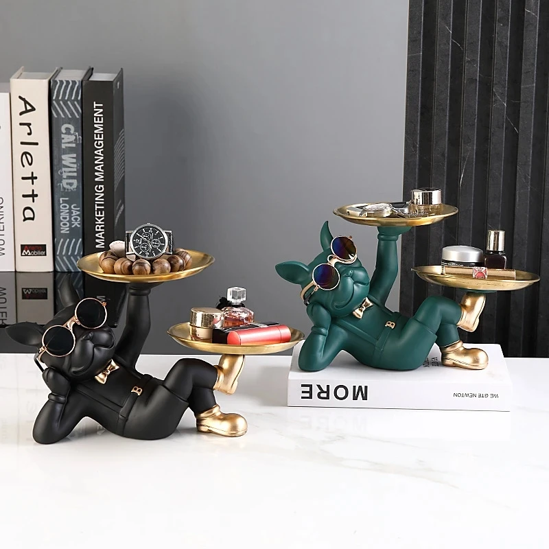 Resin Bulldog Statue with Two Storage Trays Dog Butler Home Decor Sculpture Key Dish for Entryway Table