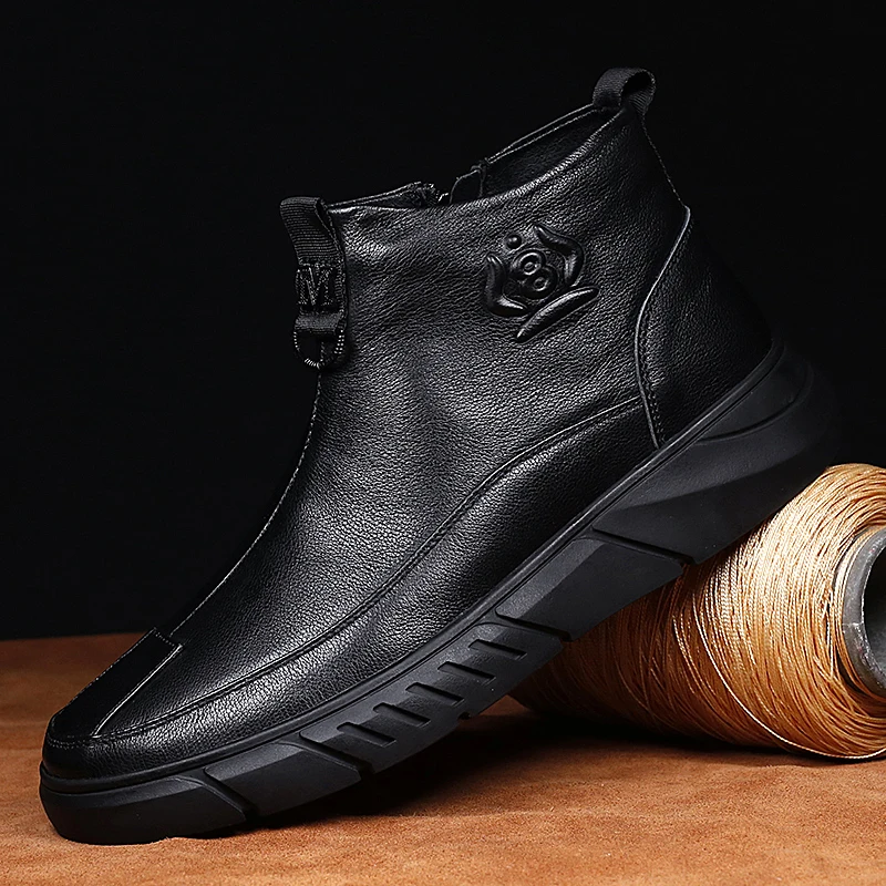 New Arrival Men's Genuine Leather Boots Zipper Up Thermal Winter Boots Comfortable Trendy Casual Walking Shoes Driving Footwear