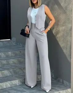 Women's Hot Sale 2-Piece Set New Fashion European Style Casual Suit Solid Pattern Button Vest Wide Leg Pants for Spring