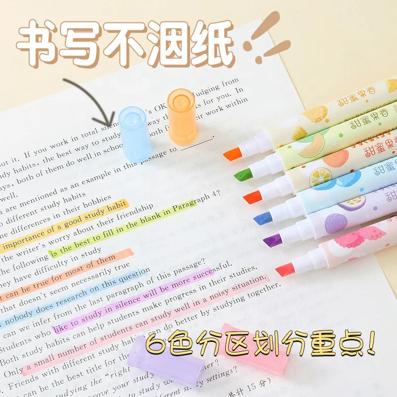 Fruit Smell Highlighter Marker Pen Drawing Small Quantity Accept Custom Fluorescent Pen Colored Stationery Set Cute Stationary