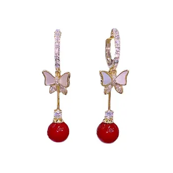 AA018882 Butterfly Tassel Pearl Zircon Stud Earrings for Women Diamond Shell Butterfly Tassel Red Ball Earrings