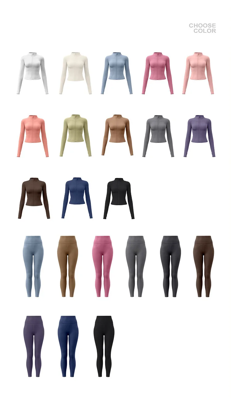 Wholesale  Solid Color High-waist Yoga Pants and Jacket Womens Custom Fitness Wear Seamless Long-sleeved Sportswear 2-piece Set