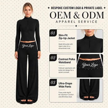 Women Slim Fit Yoga Set Quick Dry Zip up Stand Collar Jacket Wide Leg Pants Contrast Polka Dot Waistband 2 Piece Outfit