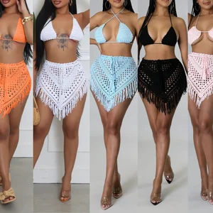 Viviblook Z508ST05 2026 Summer Set Women Sexy Handmade Crochet Hollow Tassel Strapless Sexy Mini Skirt 2 Piece Set for Women