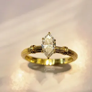 18K Gold 0.52CT Natural Diamond Ring, 2.4g Marquise Cut Roman Column Band, GIA Certified Wedding/Engagement Jewelry