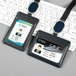 Id Card Holder with Neck Strap PU Card Holder Pocket Design Retractable Ropes High-End Card  Holder