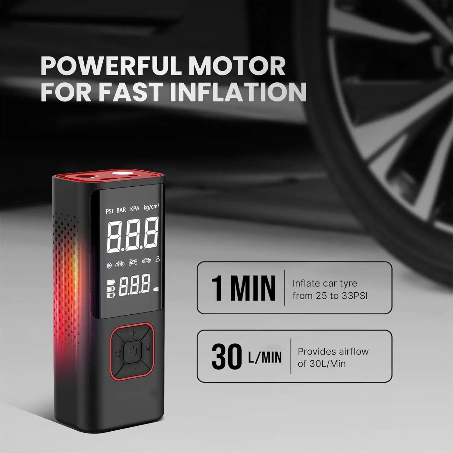 Pompe à Pneu électrique Rechargeable USB - Avec Gonfleur, Lumière, Double écran, 80W