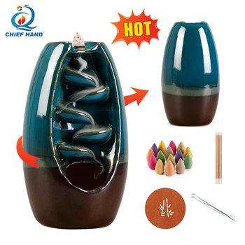 Custom Lotus Ceramic waterfall Backflow Incense Stick holder Arabic Aromatherapy Ornament backflow incense burner set