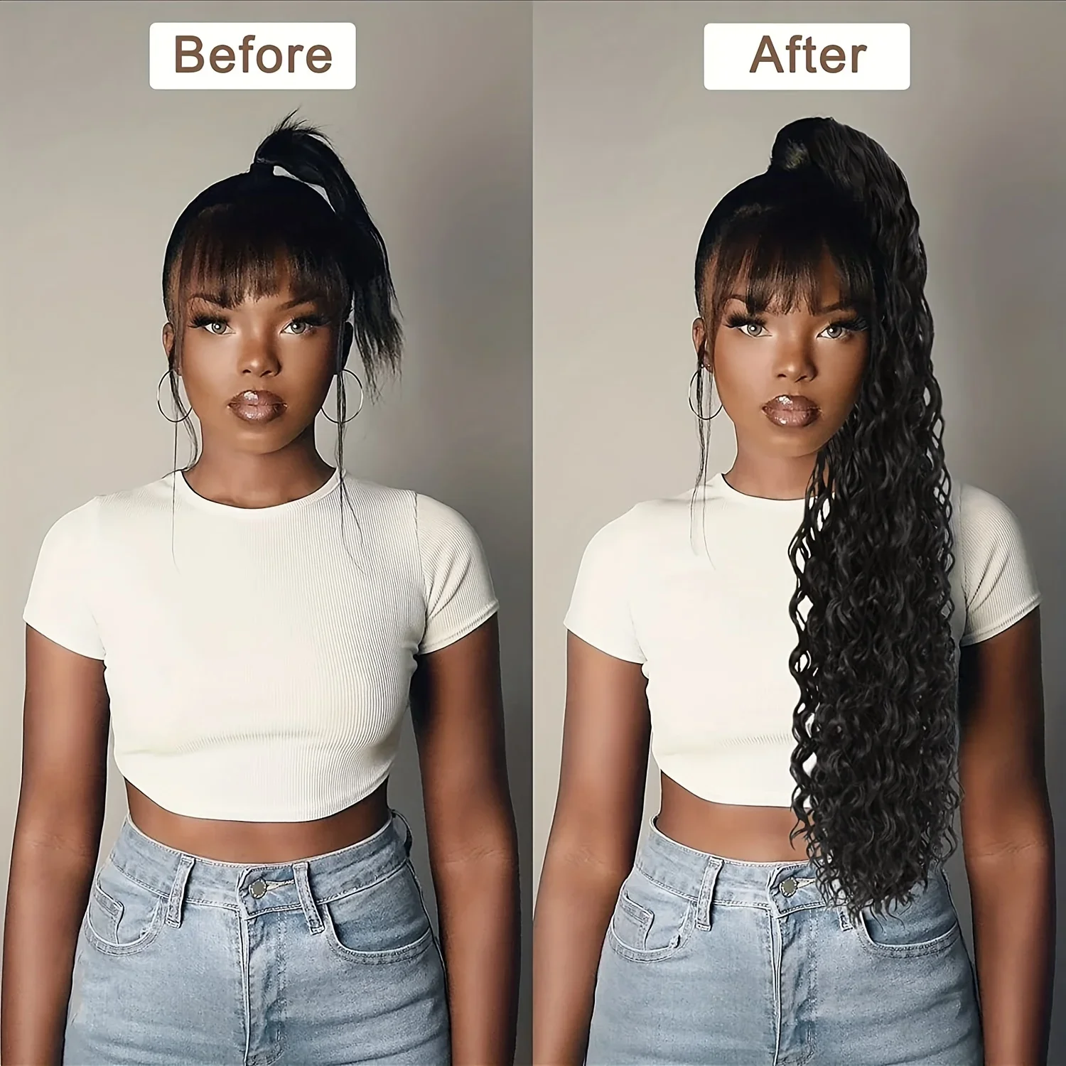 Deep Wave Human Hair Ponytail Extensions In Natural Black Colour_voghion.com