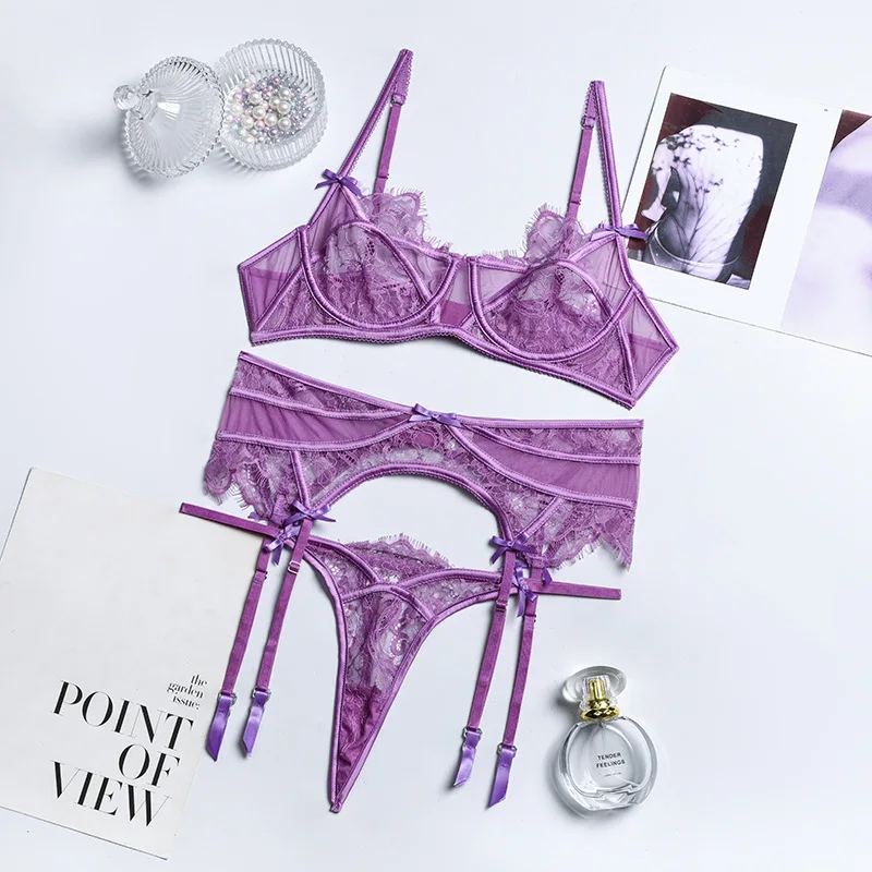 Deep Love High Quality Purple Eyelash Lace Garter Lingerie