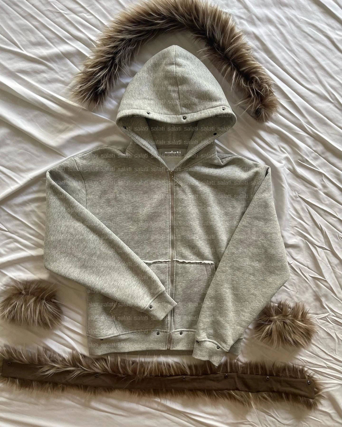 Custom Detachable Faux Fur Hoody Jacket Unisex 450GSM Heavy Cotton Terry Fleece Blank Winter Cropped Zipup Sweatshirt Hoodie Men gallery 11