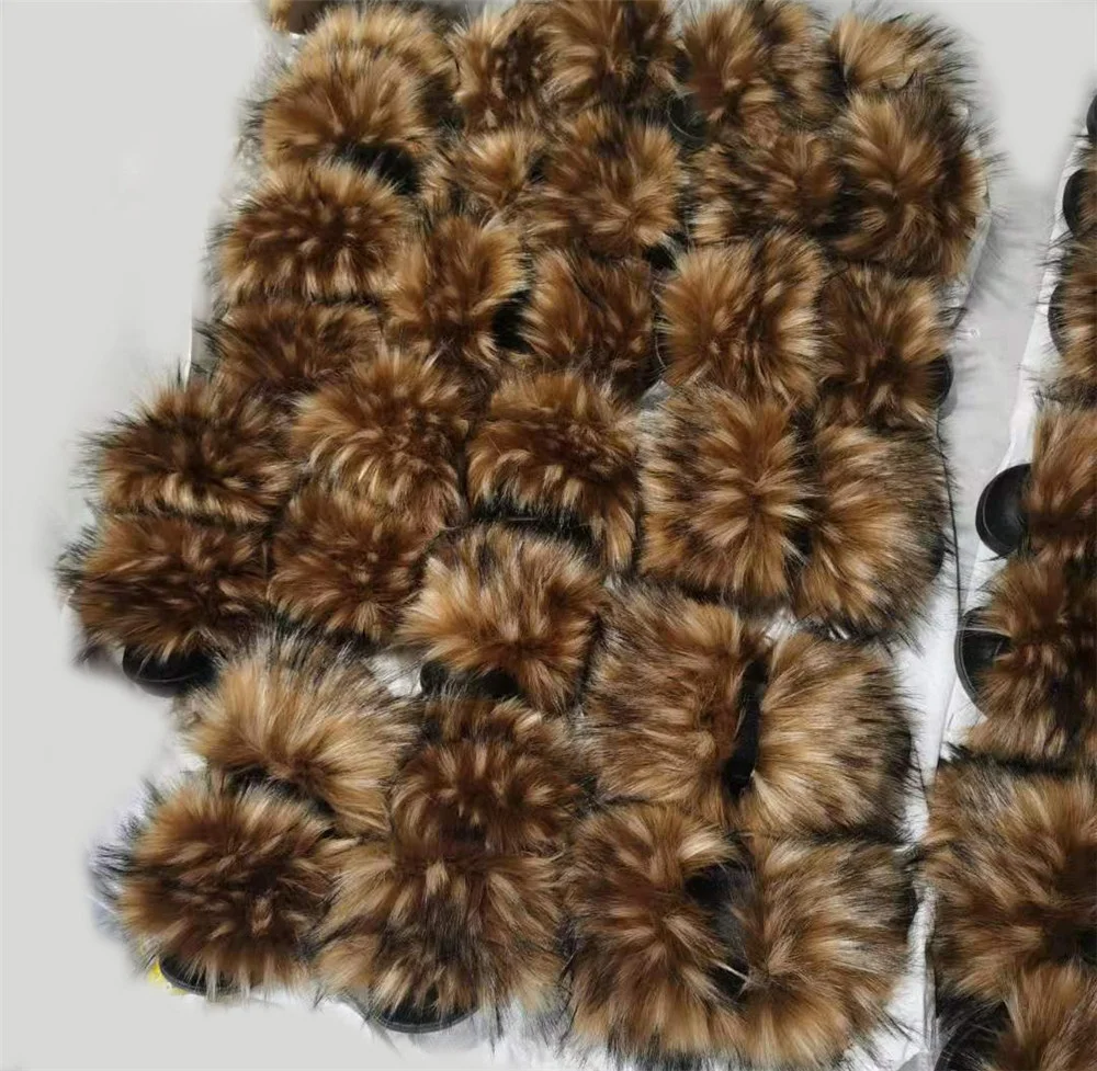 Прямая поставка, пляжная обувь, дешевые сандалии из меха енота, искусственного лисьего меха, женские шлепанцы, сланцы из искусственного меха