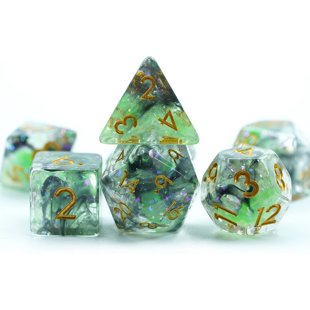 Conjunto de 7 Dados Verdes com Bordas Arredondadas em Resina 16mm para Jogo DND