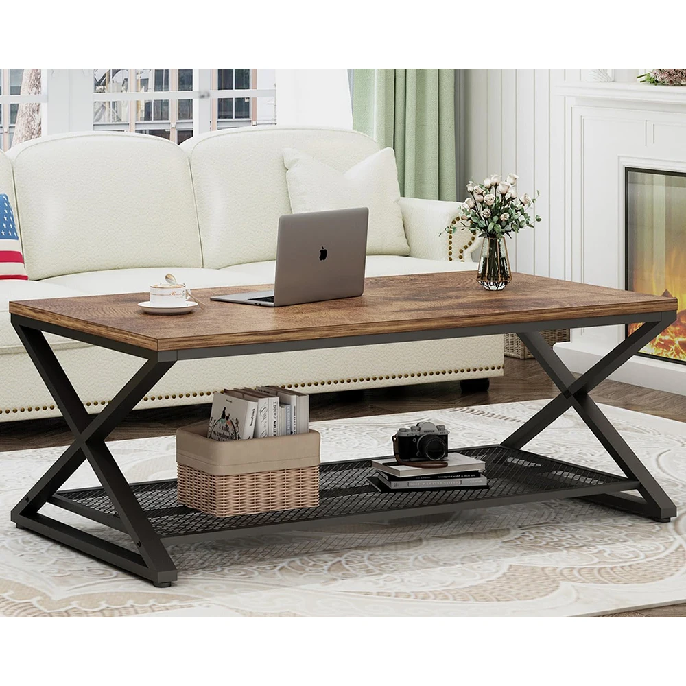 product modern coffee table storage industrial wood metal 2 tier mesh shelf living room table low rectangle cocktail tea table office-2