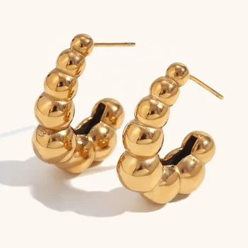 Dingran Hoop Earring Hight Quality Hollow J Shape Beaded Earrings Hypoallergenic Waterproof Gold Jewelry