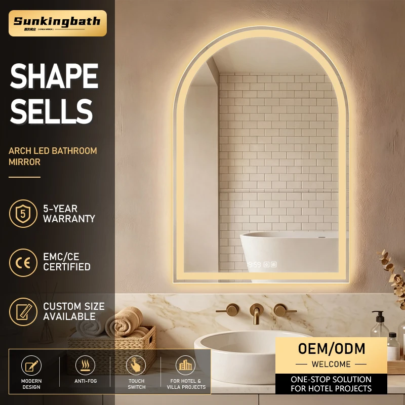 Modern Arch LED Salon Mirror Anti-Fog Dimmable Frameless Lighted Bathroom Vanity Mirror Arched Bathroom Mirror with Led Light