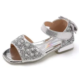 Summer New Diamond Princess Shoes Little Girl Net Red Bow Shoes Pearl Crystal High Heels.