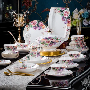 70 Pcs Wholesale High Quality Hand Drawn Chinese Flower Ceramic Tableware Set Luxury Dinnerware Set