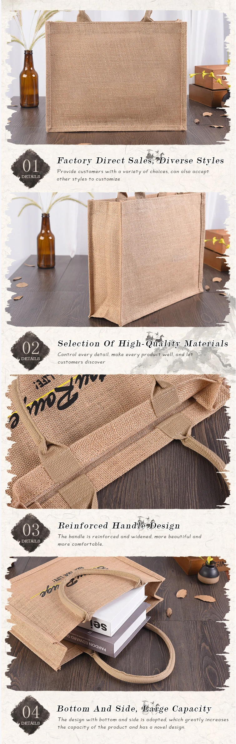 Wholesale Custom Printing Logo Natural Gunny Eco Friendly Jute Tote Bag