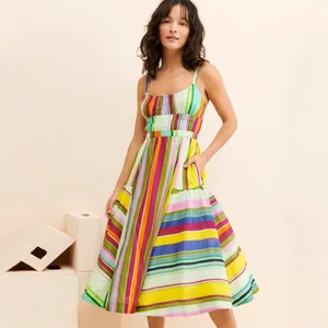 rainbow Striped A-line Dress Large Swing Skirt Backless Hollow Tassel Strap Sexy Dress