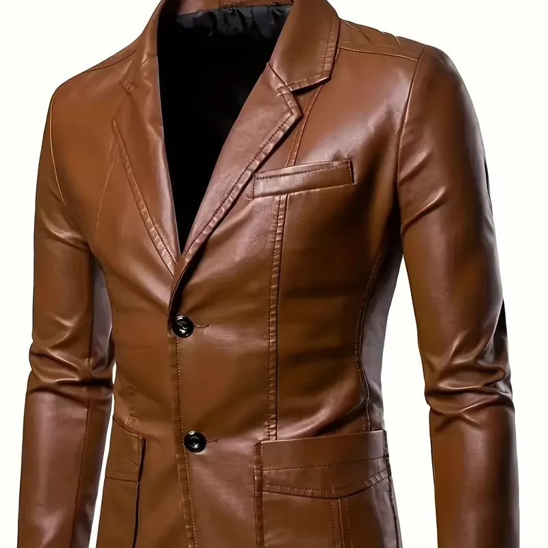 dropshipping Stylish Black PU Leather Men's Jacket Sleek Button-Up Blazer  with Lapel Collar, Long Sleeves, and Side Pockets