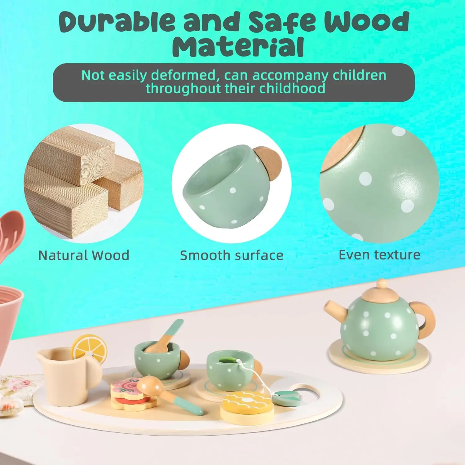 happy earth   14 pcs wooden tea set for toddler pretend play tea party set with simulation dessert tray teapot classical educational toy-4