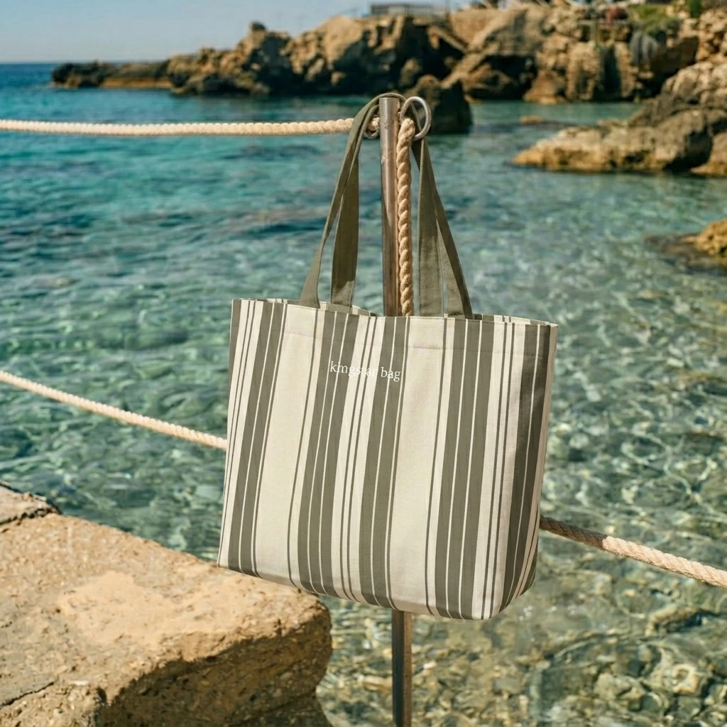 Korean Fashion Style Large Capacity Striped Beach Tote Lightweight Eco-friendly Reusable Canvas Shopping Tote Bag for Men