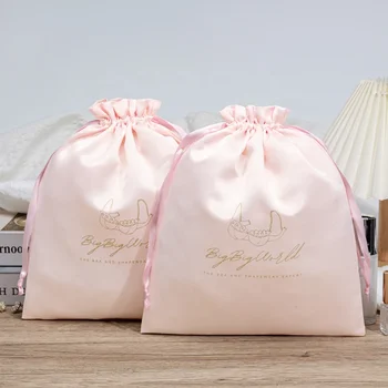 Custom Logo Satin Pouch Packaging Pink Drawstring Bags for Makeup & Clothing Gift Textile Extensions