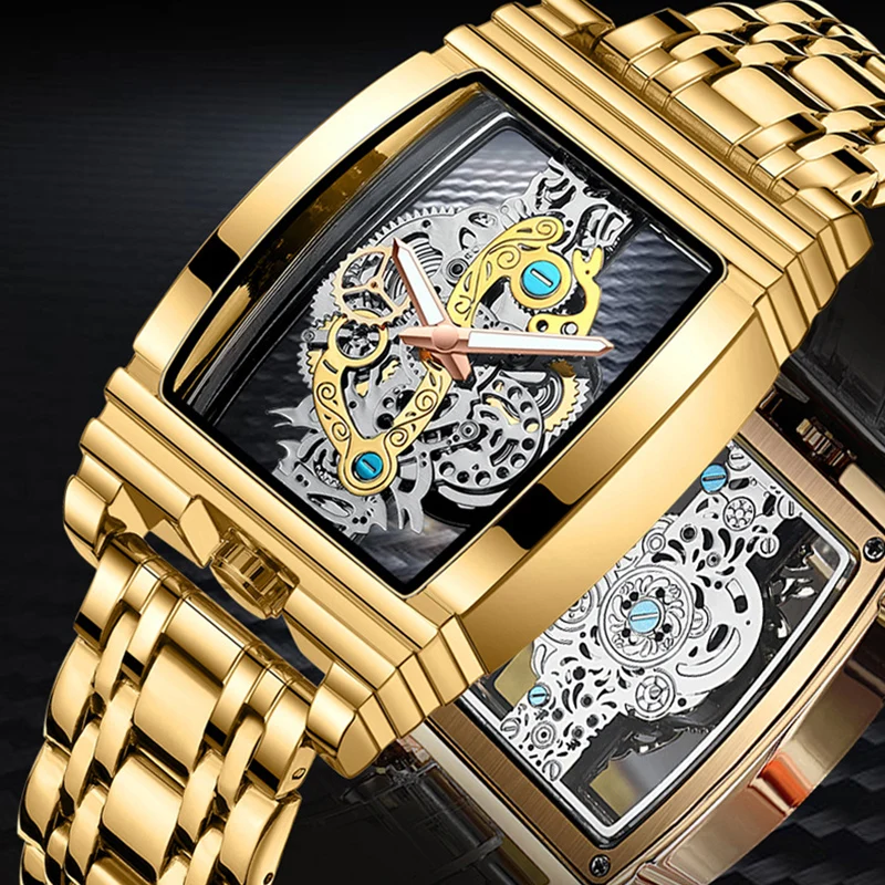 Montres-bracelets analogiques à quartz squelette tourbillon en or de luxe  pour hommes de la marque Square, vente en gros