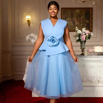 AM050404 Sky Blue 3D Flower Sleeveless Peplum Patchwork Tulle a Line Plus Size Women's Sky Blue Dress Casual