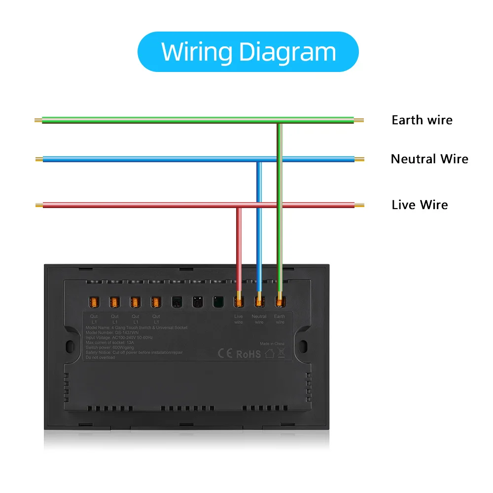 Smart WIFI 4Gang 1Way Wireless Touch Switch With 3Pn Electrical Multi Function Wall WIFI Socket with Alexa Google Home