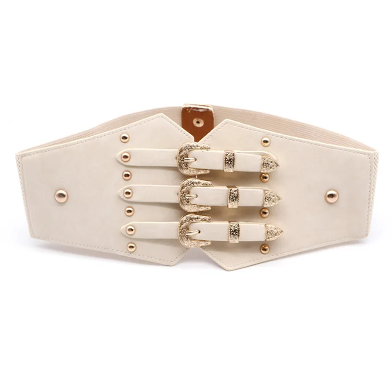 Wholesale Elastic Women Belts - Three Gold Buckle Wide display picture 1