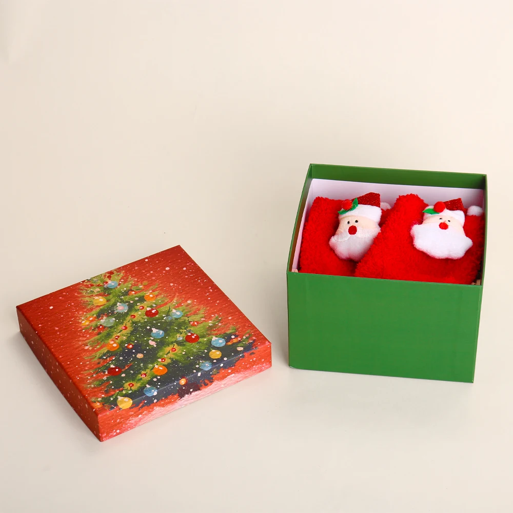 Manufacturer Custom Christmas Socks Packaging Rigid Grey Board Paper Gift Square Box for Christmas