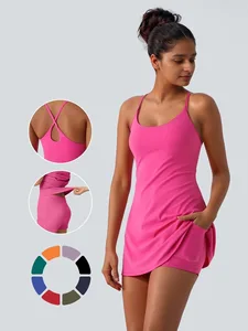 New Summer Women's Fashion Solid Color Cross Strap Anti Light Strap Pocket Sports Fitness Tennis Skirt