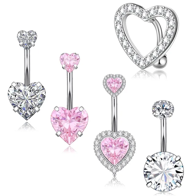 5PC/ set stylish inverted peach heart belly ring micro-inlaid zircon double head heart stainless steel zirconia/cubic zirconia