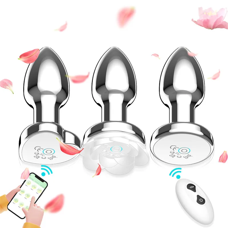 Wireless Remote Control Vibrating Flashing Light Flower Heart Shape Plug Anal Con Vibrator APP Metal Anal Butt Plug for Woman