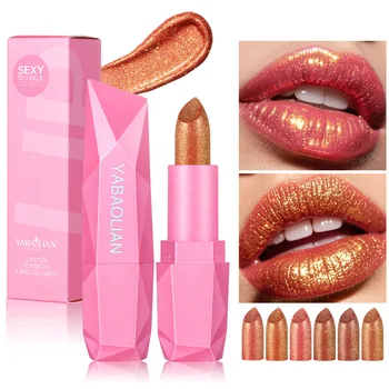 New Arrival 6-color Diamond Glitter Lipstick Long-lasting High Color Red Sexy Lips Waterproof Makeup Metallic Lipstick