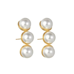 YUKAM Fashion Titanium Steel Round Shell Pearl Earrings Gold Plated Non Tarnish Imitation Pearl Stud Earrings Jewelry for Women