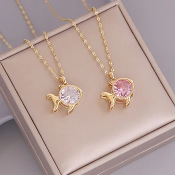 Fashion animal fish pendant water wave chain clavicle chain cute pink zircon electroplating 18k gold necklace wholesale women