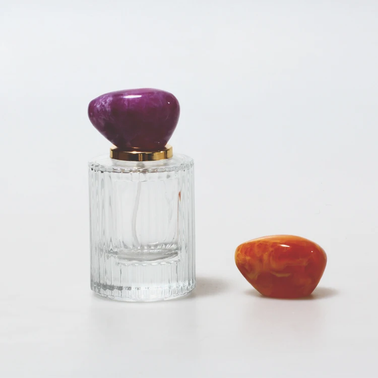 2024 New Customized Stone Shape ABS Lid High Quality Perfume Bottle Colorful Design Purper Yellow ABS Cap with Pump