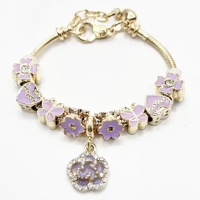 High Quality Gold Plated Camellia Flower Pendant Bracelet Adjustable Large Hole Beads Purple Heart Charm Bracelet for Women