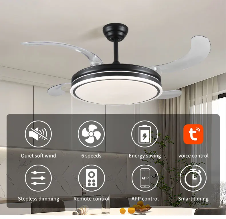 HC732 Home Smart Remote Control 42 Inches Black Design Invisible Ceiling Led Chandelier Lamp with Fan