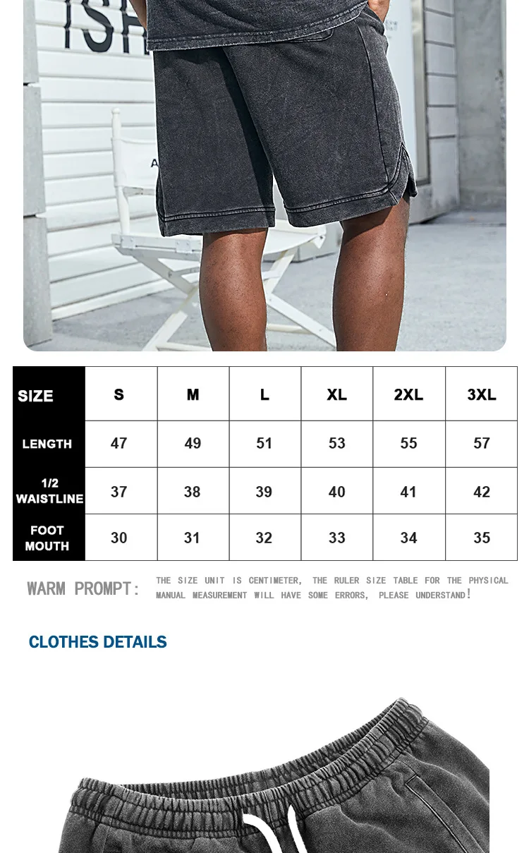 Pantaloncini da uomo in cotone lavaggio acido all'ingrosso personalizzati all'ingrosso sopra il ginocchio unisex casual larghi Jorts da spiaggia114_voghion.com