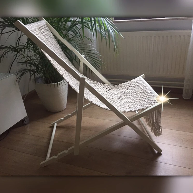Boho Style Macrame Portable Beach Chair Cotton Rope Hand Woven Wooden Foldable DIY Deck Sling Chair with Tassels