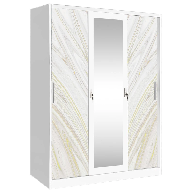 Factory Direct Three Door Printed Steel Wardrobe with Mirror Sliding Doors