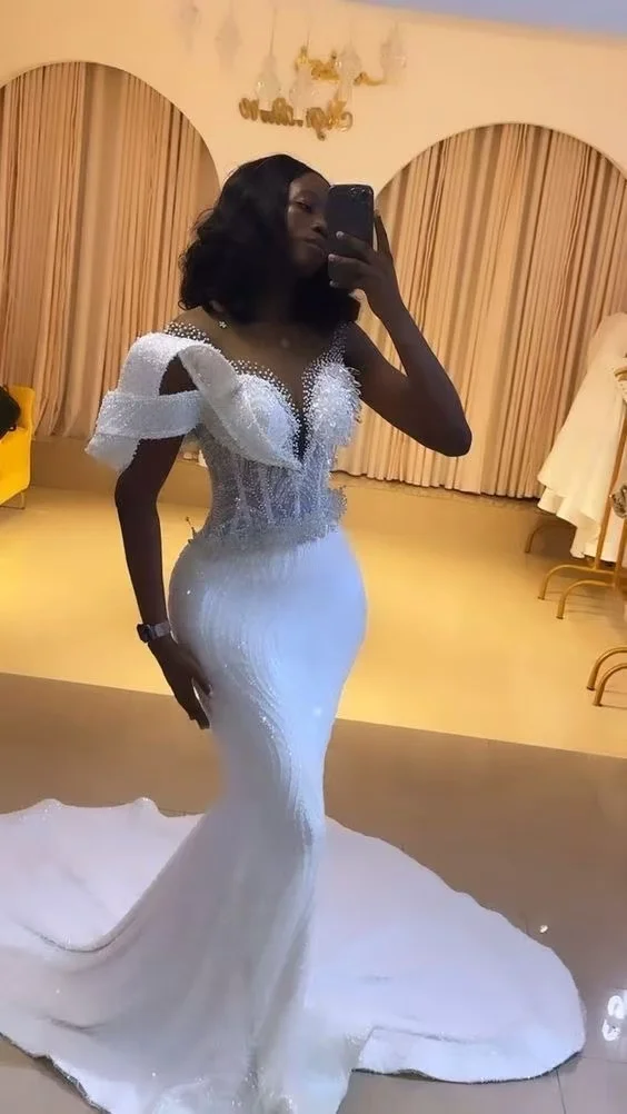 Luxury Mermaid Wedding Party Dresses Dubai Long Beaded Crystals Evening  Dress Robes De Soiree Engagement Dress