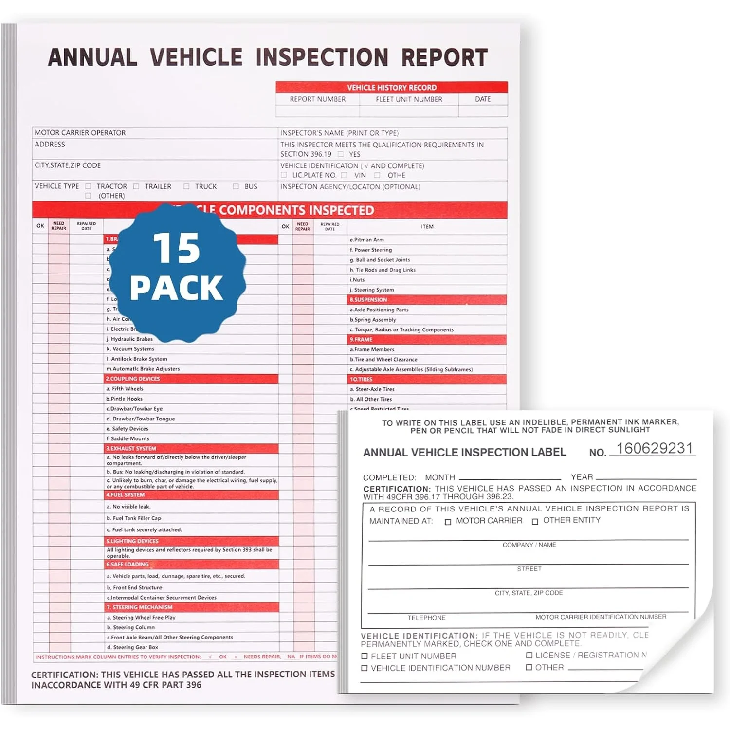 Annual Vehicle Inspection Report Form 3-Ply Carbonless Form and ...