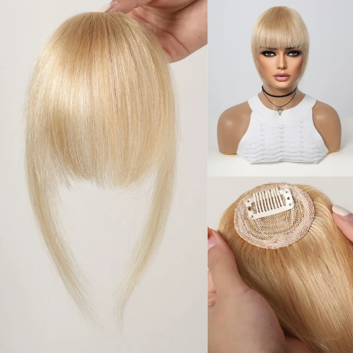 Platinum Blonde Human Hair Bangs Clip in Straight Hair Pieces for Women Blunt Bangs Extension_voghion.com